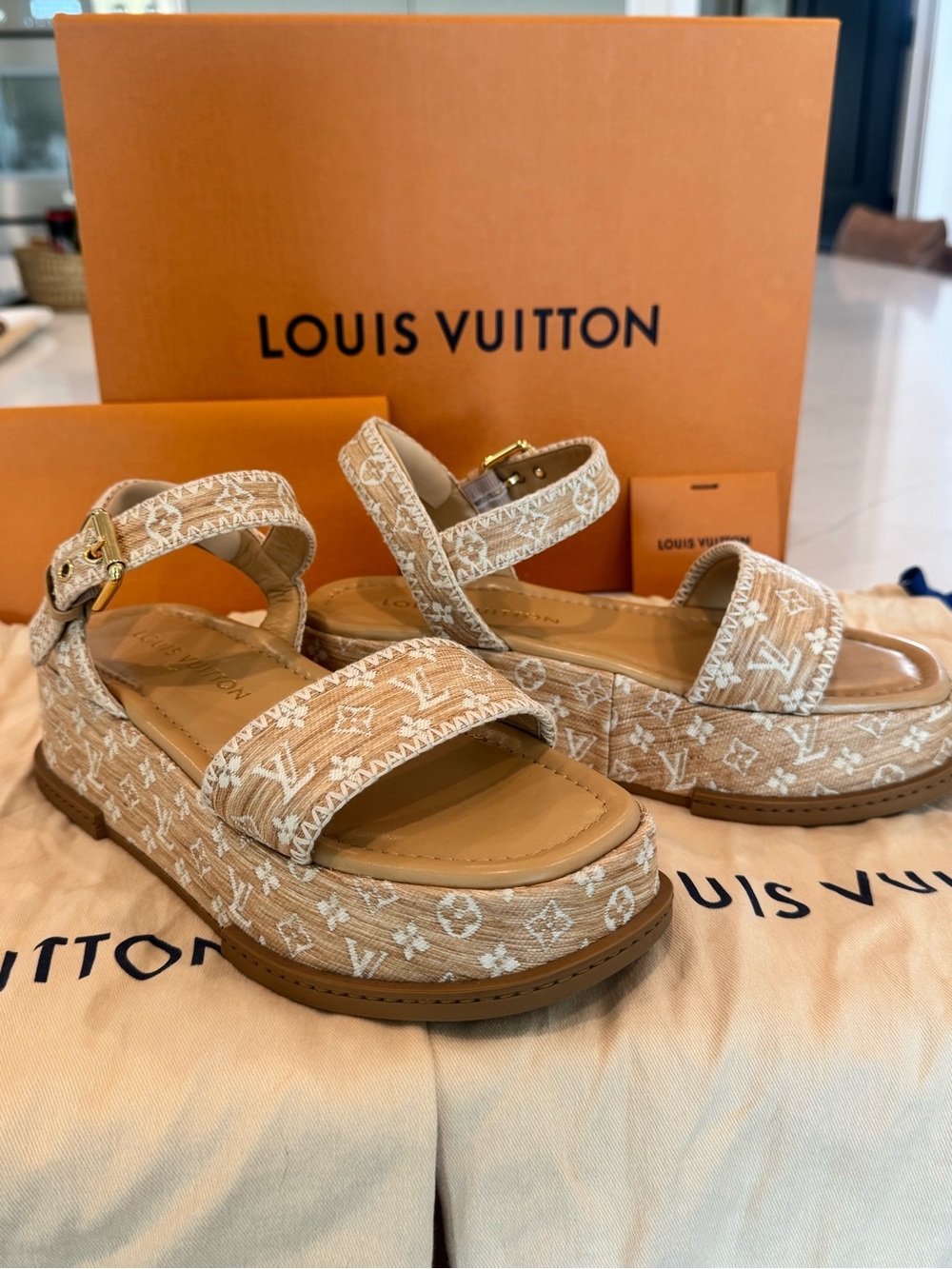 Louis Vuitton Beige Monogram Maya Platform Sandals